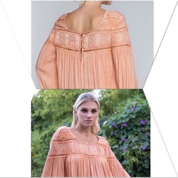 𝅺WOVEN Gauze Tunic w/ Lace Contrast & Bell Sleeves - Picture 4 of 14